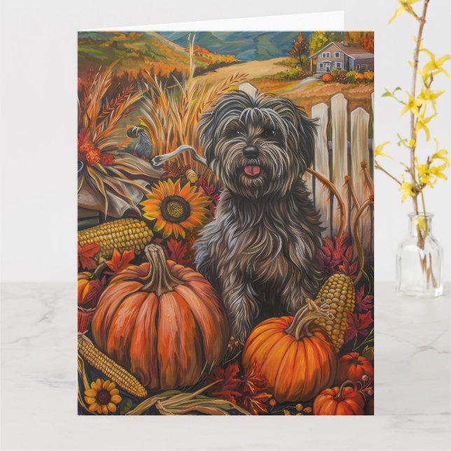 Tarjeta Perro Terrier Tibetano Cosecha de Otoño Día de Acc (flor amarilla)