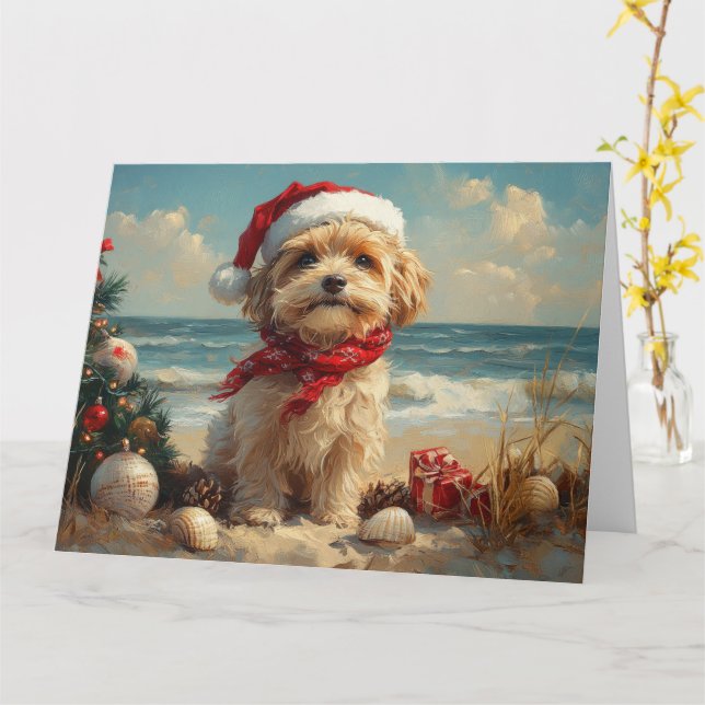 Tarjeta Perro Terrier Tibetano Navidad Vintage Playa (flor amarilla)