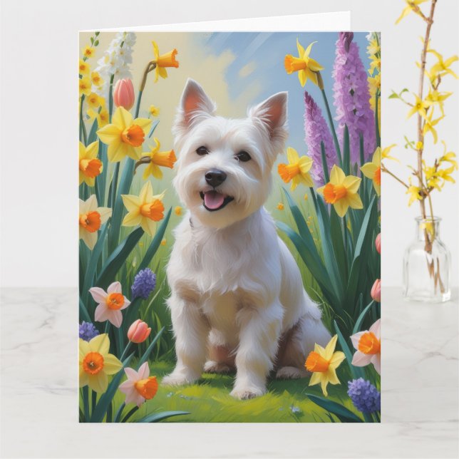 Tarjeta Perro Terrier Tibetano Pintura Flores de Primavera (flor amarilla)
