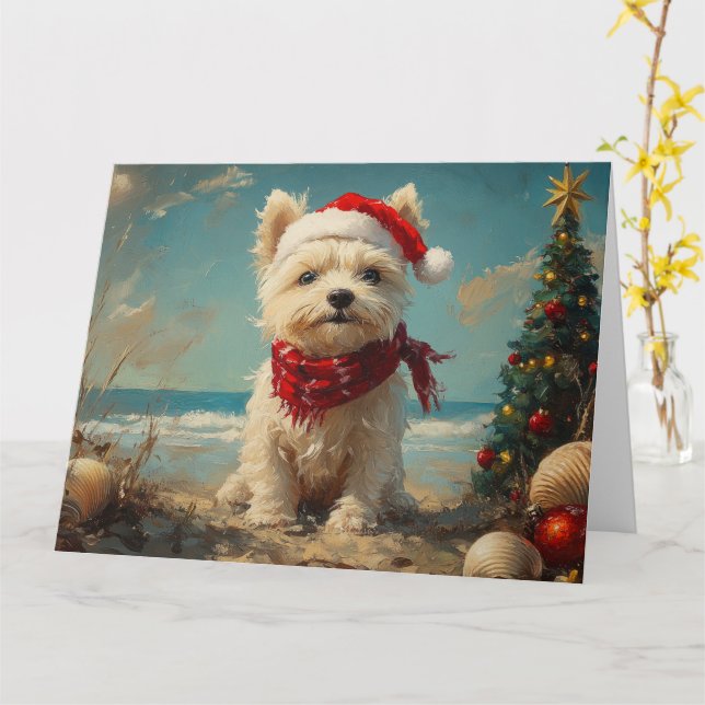 Tarjeta Perro Terrier West Highland Blanco Navidad Playa (flor amarilla)