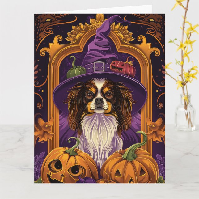 Tarjeta Perro tibetano Spaniel espeluznante de Halloween B (flor amarilla)