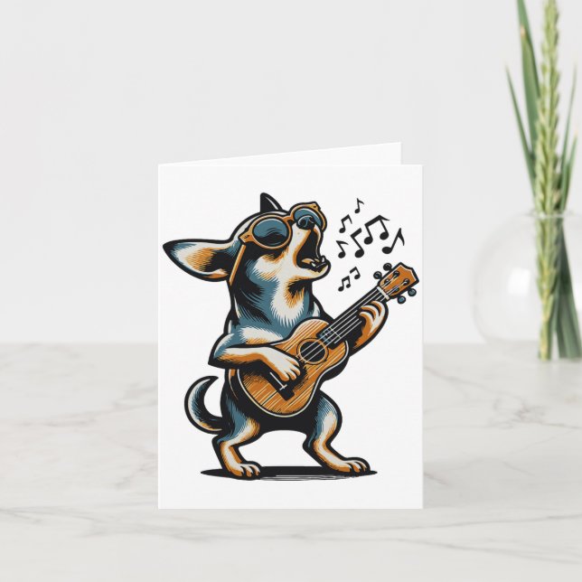 Tarjeta Perro tocando guitarra cantando Chihuahua Perro di (Anverso)