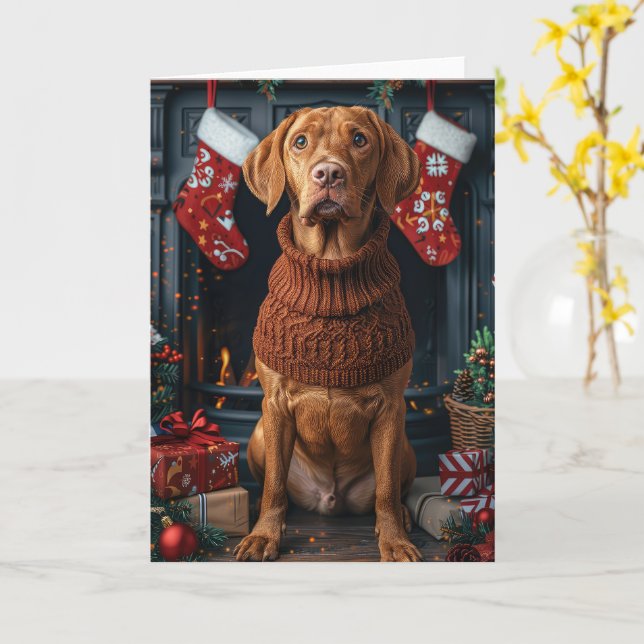 Tarjeta Perro Vizsla Con Regalos De Navidad Chimenea (flor amarilla)