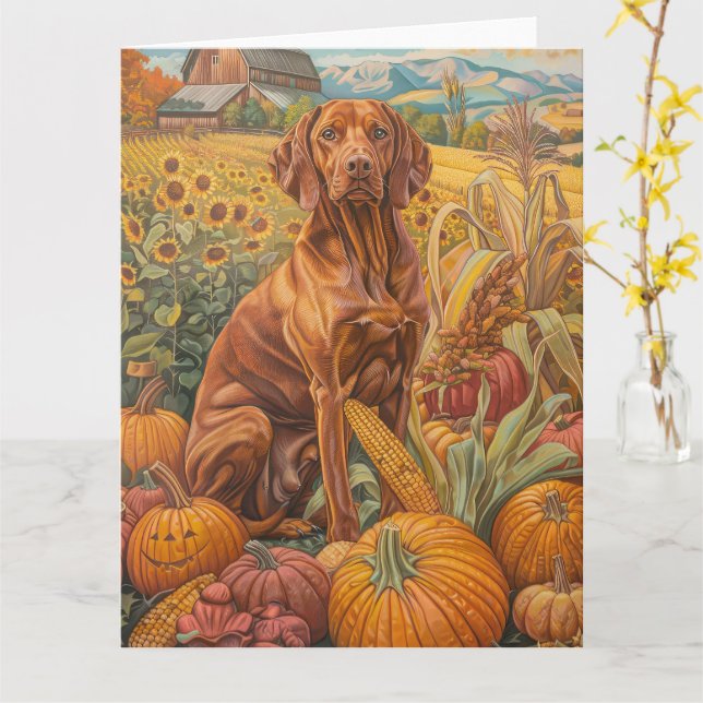 Tarjeta Perro Vizsla Cosecha de Otoño Día de Acción de Gra (flor amarilla)
