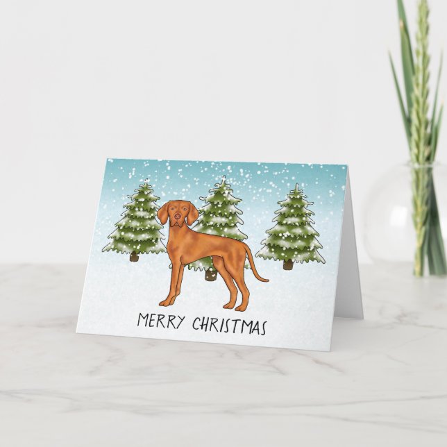 Tarjeta Perro Vizsla Húngaro Nevado Bosque De Invierno Y T (Anverso)