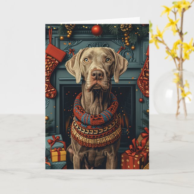Tarjeta Perro Weimaraner con regalos de Navidad Chimenea  (flor amarilla)