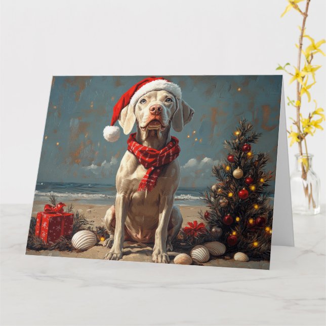 Tarjeta Perro Weimaraner Navidad Vintage Playa (flor amarilla)