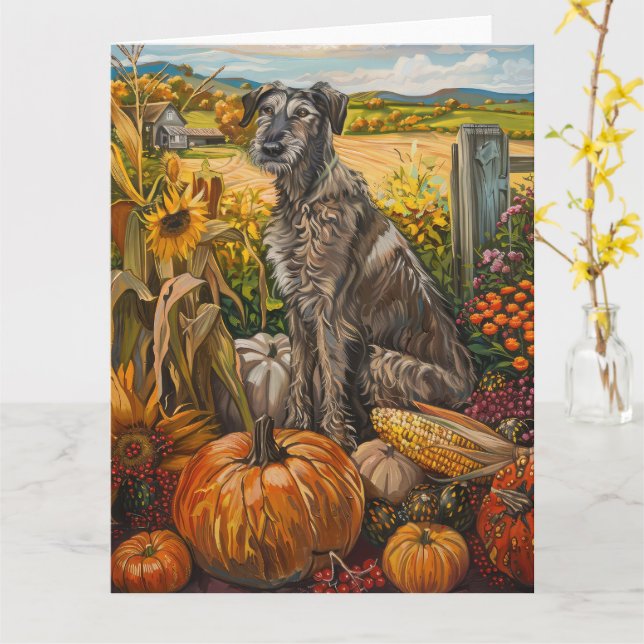 Tarjeta Perro Wolfhound Acción de Gracias cosecha de otoño (flor amarilla)