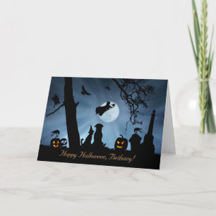 Tarjeta Perro y gato con nombre personalizado de Halloween