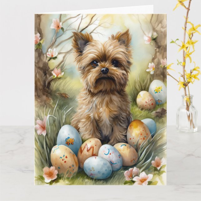 Tarjeta Perro Yorkipoo con festividad de huevos de Pascua (flor amarilla)