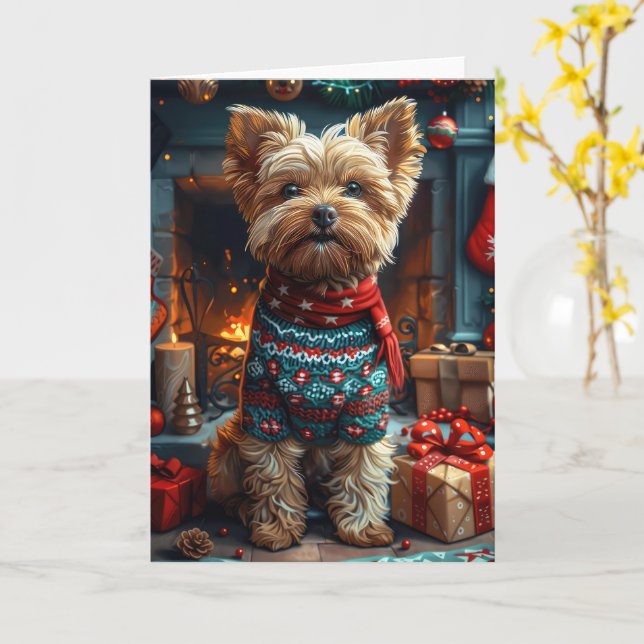 Tarjeta Perro Yorkipoo con regalos de Navidad Chimenea (flor amarilla)
