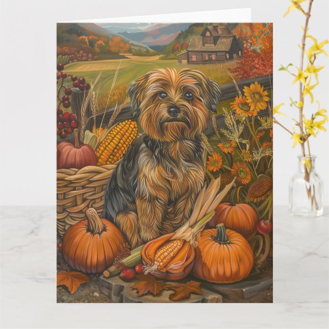 Tarjeta Perro Yorkipoo Día de Acción de Gracias cosecha ot (flor amarilla)