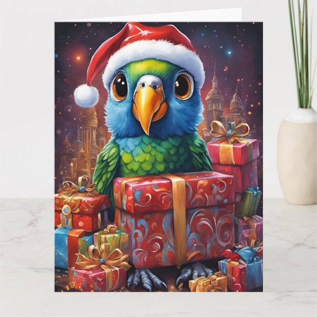 Tarjeta Perroquet au milieu des cadeaux de noël (Anverso)