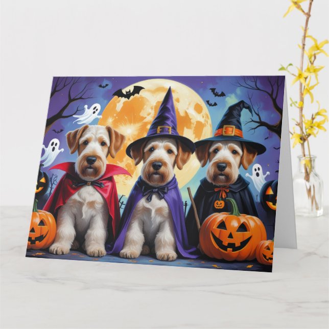 Tarjeta Perros Airedale Terrier Calabaza Halloween Diverti (flor amarilla)