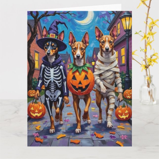 Tarjeta Perros Basenji disfrazados para Halloween (flor amarilla)
