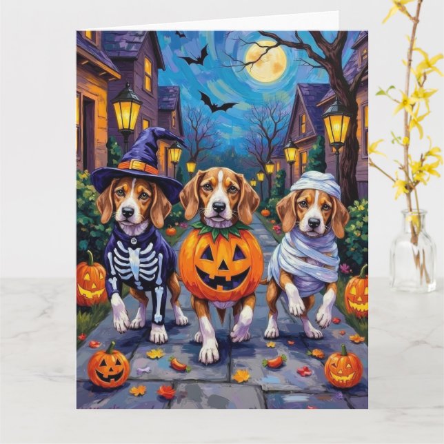 Tarjeta Perros Beagle Trick-or-Treating con disfraz de Hal (flor amarilla)
