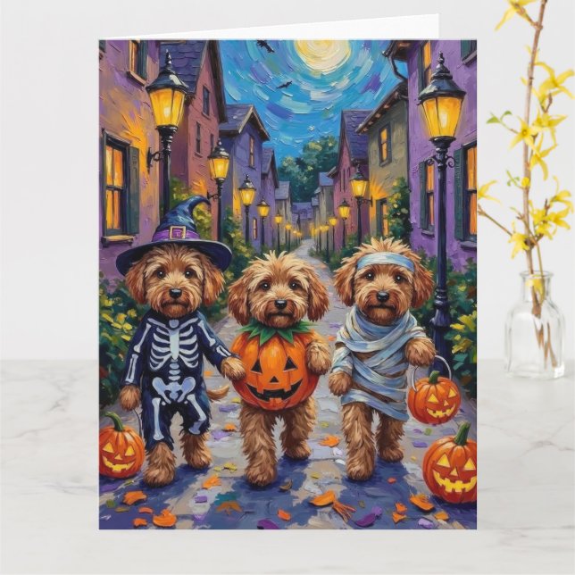 Tarjeta Perros Cockapoo disfrazados para Halloween (flor amarilla)