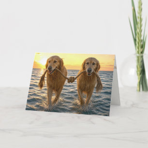 Tarjeta Perros de bodas Golden Retrievers con cuerda anuda