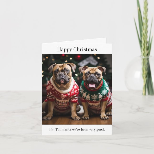 Tarjeta Perros de Bull Mastiff en sudaderas Navidades (Anverso)