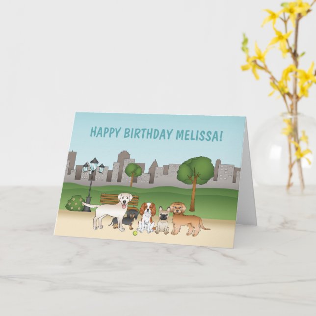 Tarjeta Perros De Caricatura En Un Parque Feliz Cumpleaños (flor amarilla)