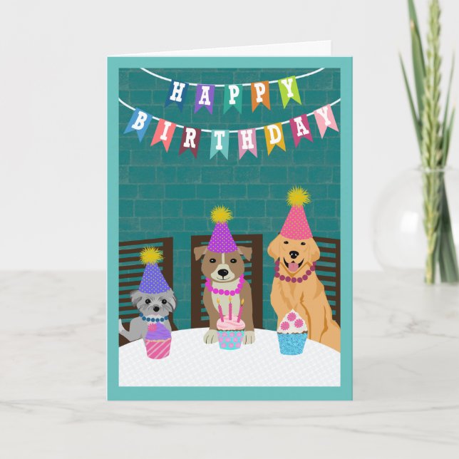 Tarjeta Perros de cumpleaños sentados en la mesa de celebr (Anverso)
