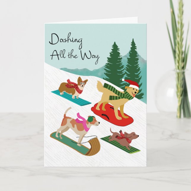 Tarjeta Perros de Navidad Deslizándose en Trineo Dando Tod (Anverso)