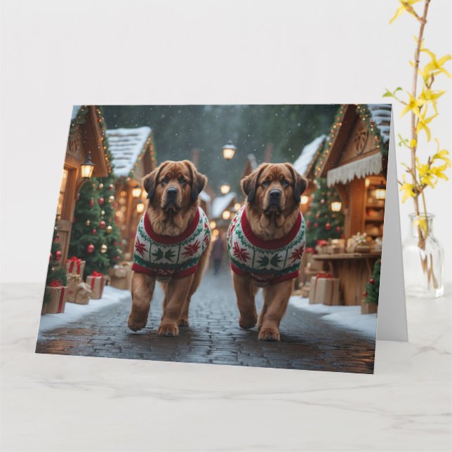 Tarjeta Perros de Terranova Navidad Nieve Fiesta (flor amarilla)