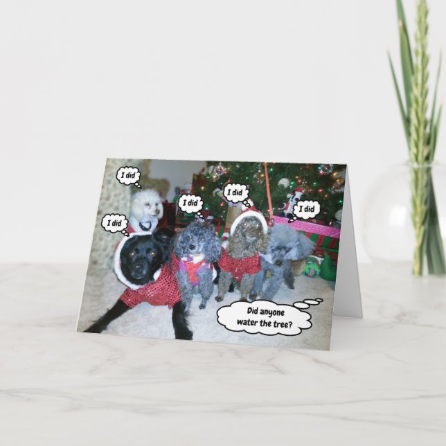 Tarjeta Perros Divertidos Ayudan a Regar el Árbol de Navid (Anverso)