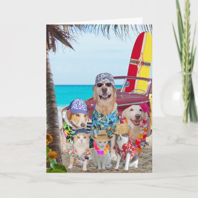 Tarjeta Perros divertidos/Gatos Hawaiano/Surfista Cumpleañ (Anverso)
