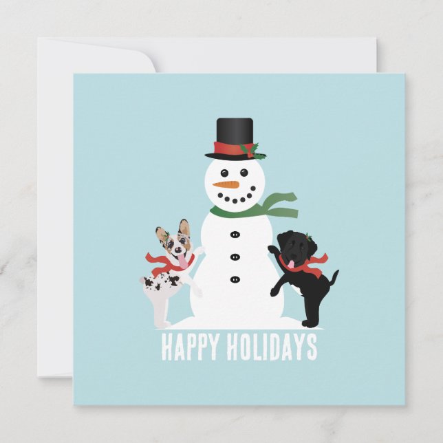 Tarjeta Perros Felices Construyendo Un Muñeco de Nieve de  (Anverso)