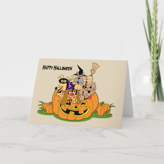 Tarjeta Perros felices de Halloween en calabaza (Anverso)
