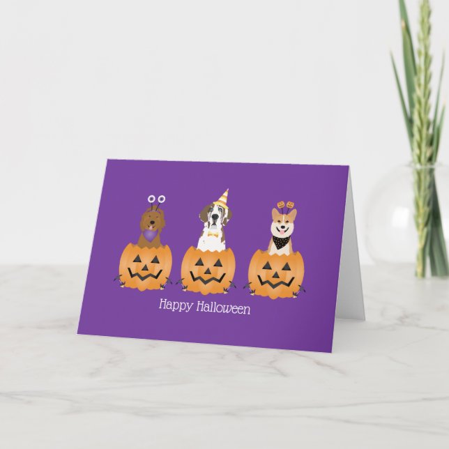 Tarjeta Perros felices de Halloween en calabazas (Anverso)