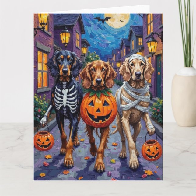 Tarjeta Perros Lebrel Afgano Pidiendo Dulces en Halloween (Anverso)