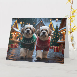 Tarjeta Perros Lhasa Apso Navidad Nieve Fiesta
