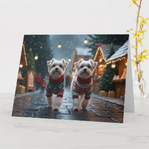 Tarjeta Perros Malteses Navidad Nieve Fiesta