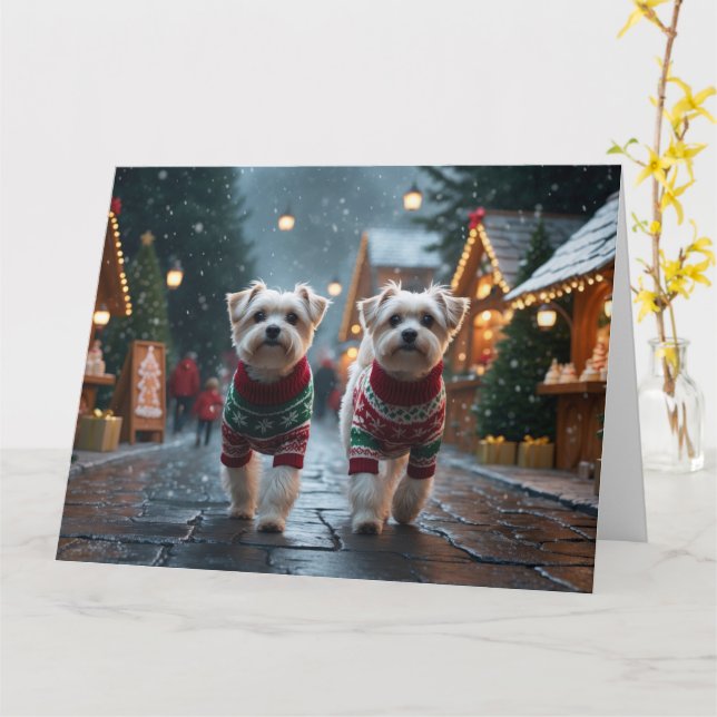 Tarjeta Perros Malteses Navidad Nieve Fiesta (flor amarilla)