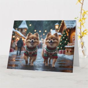 Tarjeta Perros Pomerania Navidad Nieve Fiesta