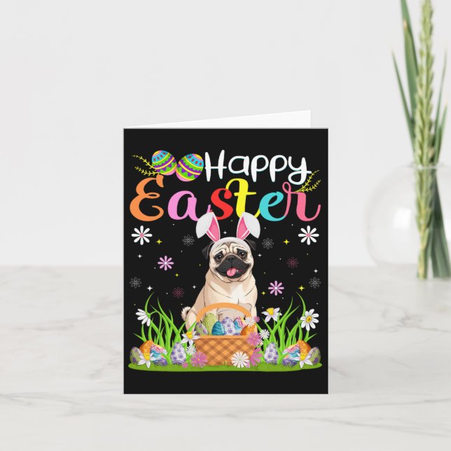 Tarjeta Perros Pug Feliz Semana Santa Caza de Huevos Conej (Anverso)