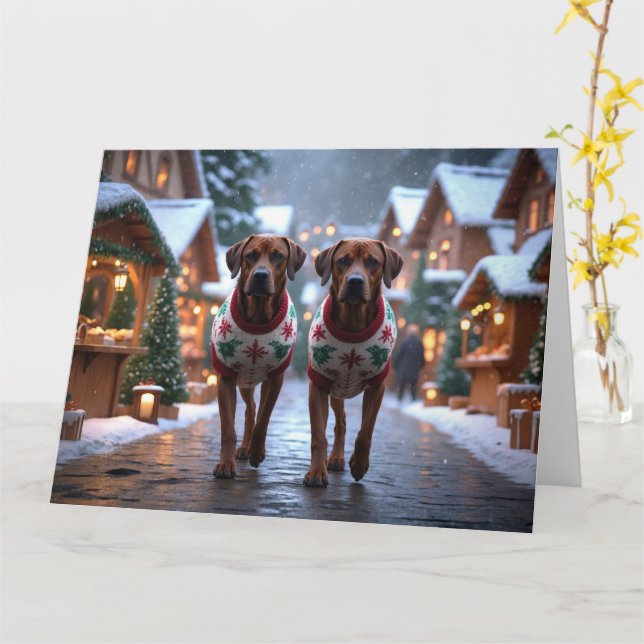 Tarjeta Perros Rhodesian Ridgeback Navidad Nieve Fiesta (flor amarilla)