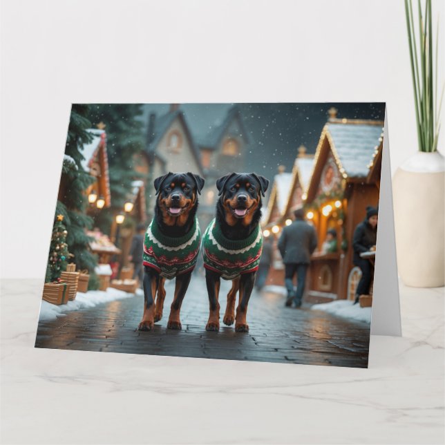 Tarjeta Perros Rottweiler Navidad Nieve Fiesta (Anverso)