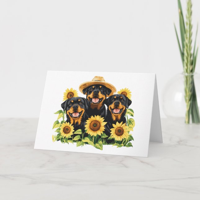Tarjeta Perros Rottweiler Rodeados De Sunflowers (Anverso)