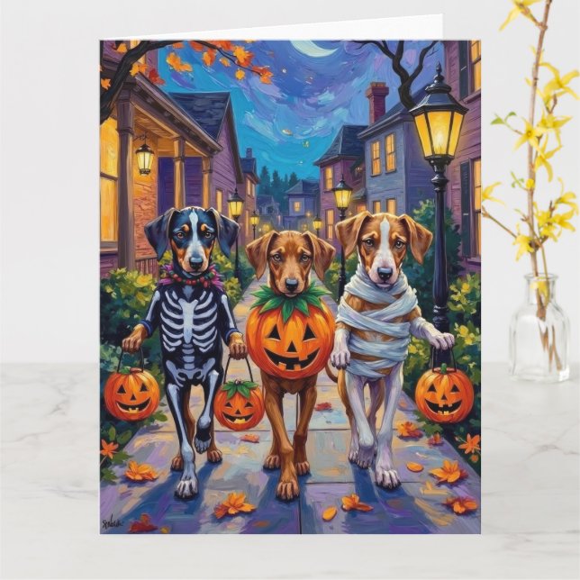Tarjeta Perros Silken Windhound con disfraces de Halloween (flor amarilla)