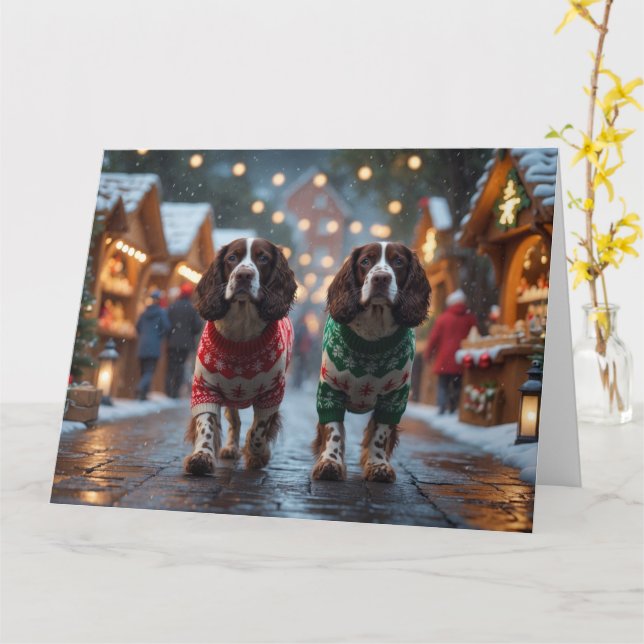 Tarjeta Perros Springer Spaniel Navidad Nieve Fiesta (flor amarilla)