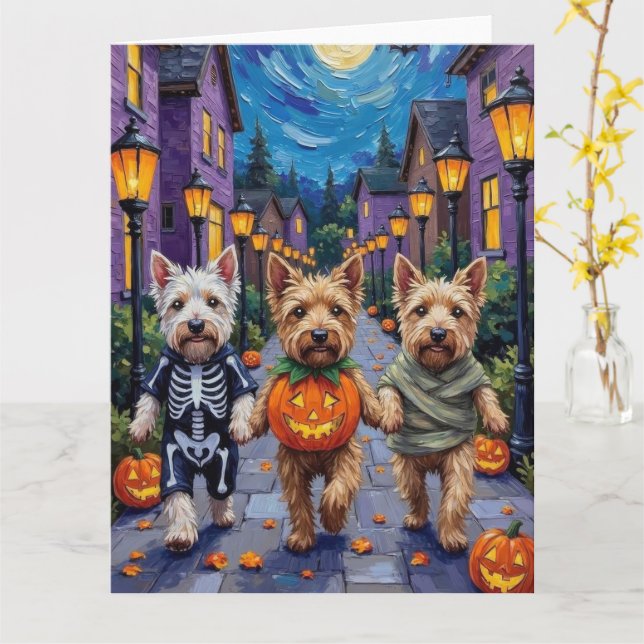 Tarjeta Perros Terrier De Ruedas En Cotumes De Halloween (flor amarilla)