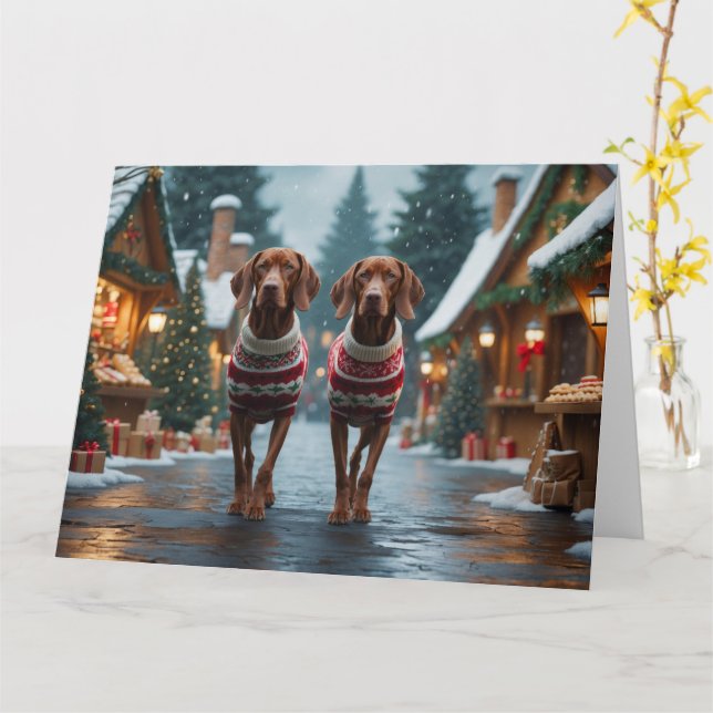 Tarjeta Perros Vizsla Navidad Nieve Fiesta (flor amarilla)