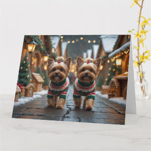 Tarjeta Perros Yorkipoo Navidad Nieve Fiesta