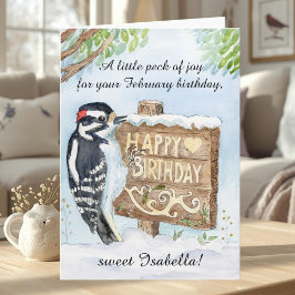 Tarjeta Personal Happy February Birthday Downy Woodpecker