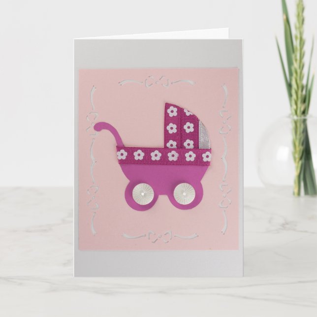 Tarjeta Personaliza el cochecito rosa oscuro con flores bl (Anverso)