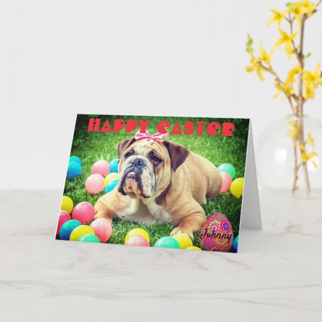 Tarjeta Personaliza el nombre HAPPY EASTER Bulldog Funny C (flor amarilla)