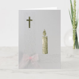 Tarjeta Personaliza el oro Sagrada cruz, vela y arco rosad